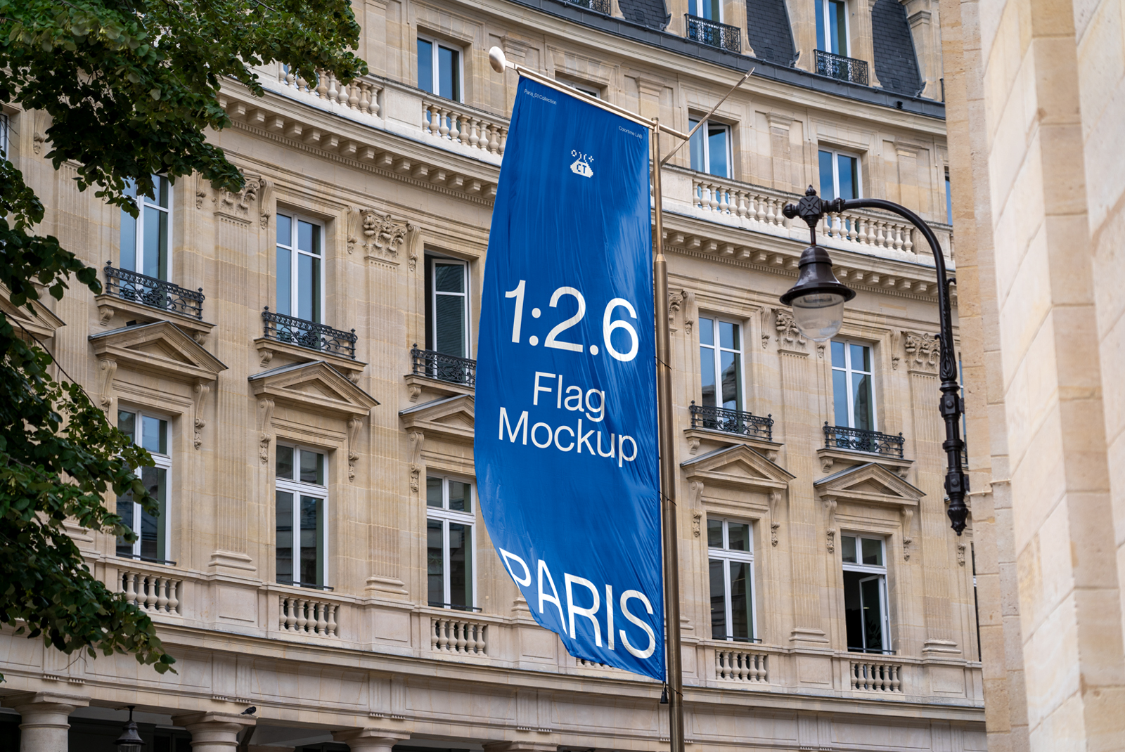 Urban flag mockup hanging on a classic building facade, with street light, ideal for branding presentations and city mockup designs.